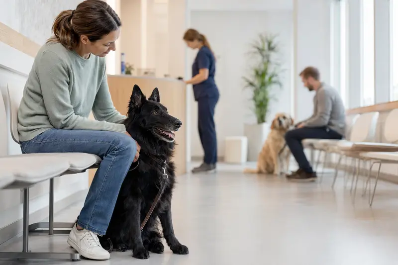 Ein Groenendael Hund sitzt ruhig neben seinem Besitzer im hellen Wartezimmer einer modernen Tierarztpraxis.